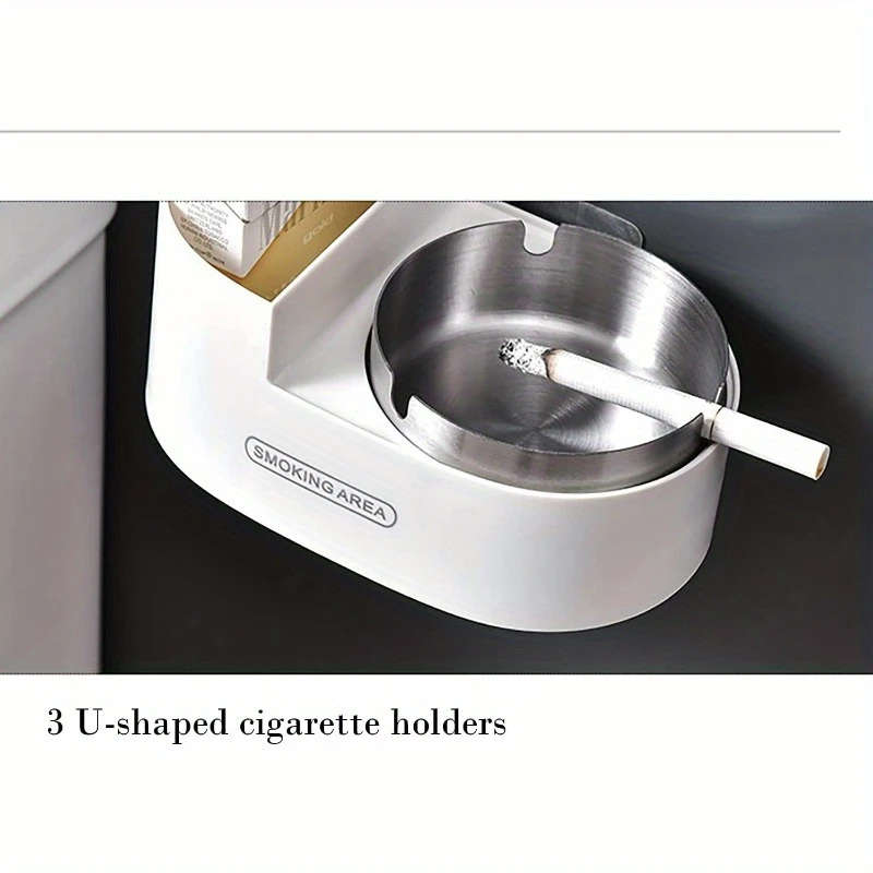 1pc Wall-Mounted Plastic Ashtray with Stainless Steel Cover Uncharged Self-Adhesive Smoke Receptacle