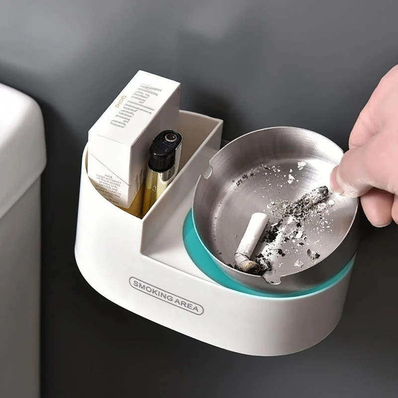 1pc Wall-Mounted Plastic Ashtray with Stainless Steel Cover Uncharged Self-Adhesive Smoke Receptacle
