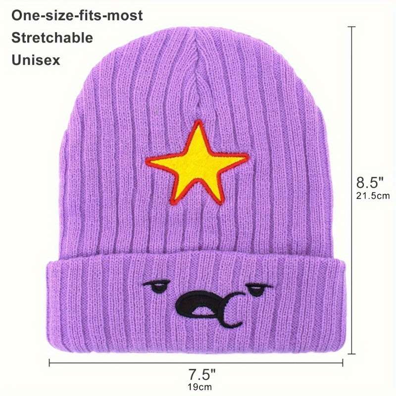 1pc Cozy Purple Anime-Inspired Slouchy Beanie with Cute Cartoon Embroidery Soft Elastic Knit Hat