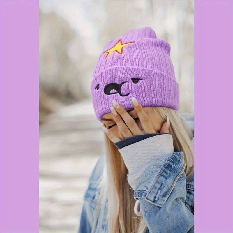 1pc Cozy Purple Anime-Inspired Slouchy Beanie with Cute Cartoon Embroidery Soft Elastic Knit Hat