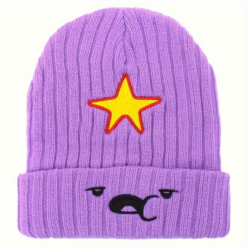 1pc Cozy Purple Anime-Inspired Slouchy Beanie with Cute Cartoon Embroidery Soft Elastic Knit Hat