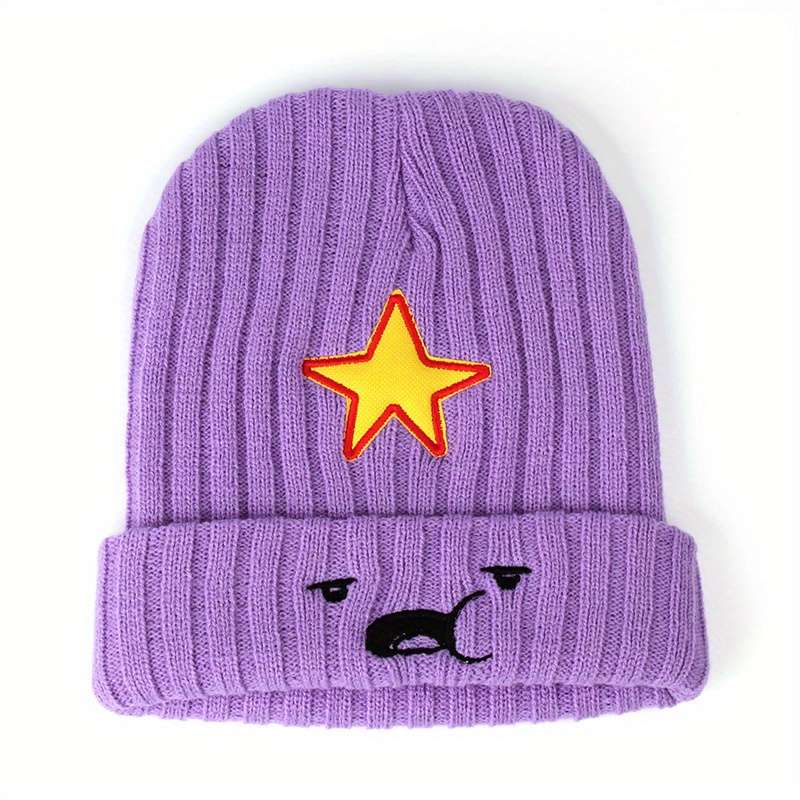 1pc Cozy Purple Anime-Inspired Slouchy Beanie with Cute Cartoon Embroidery Soft Elastic Knit Hat