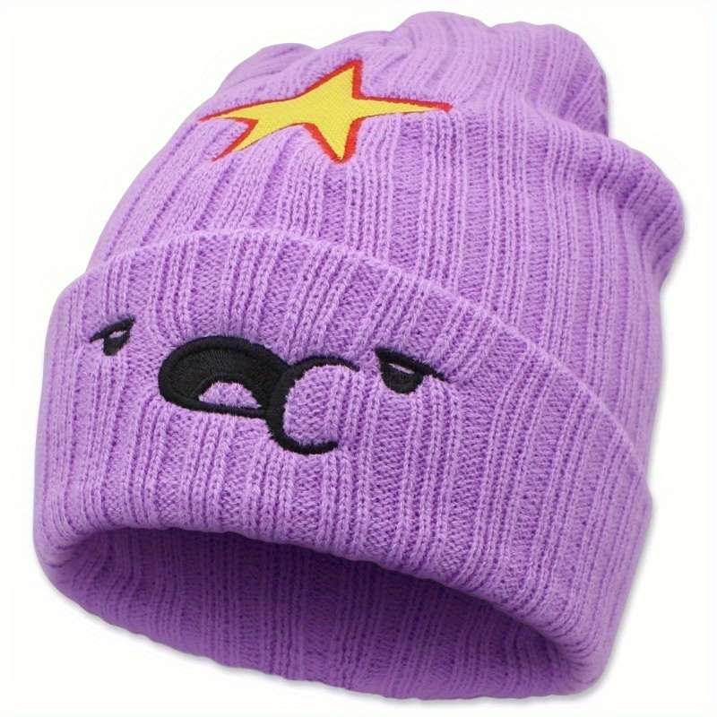 1pc Cozy Purple Anime-Inspired Slouchy Beanie with Cute Cartoon Embroidery Soft Elastic Knit Hat