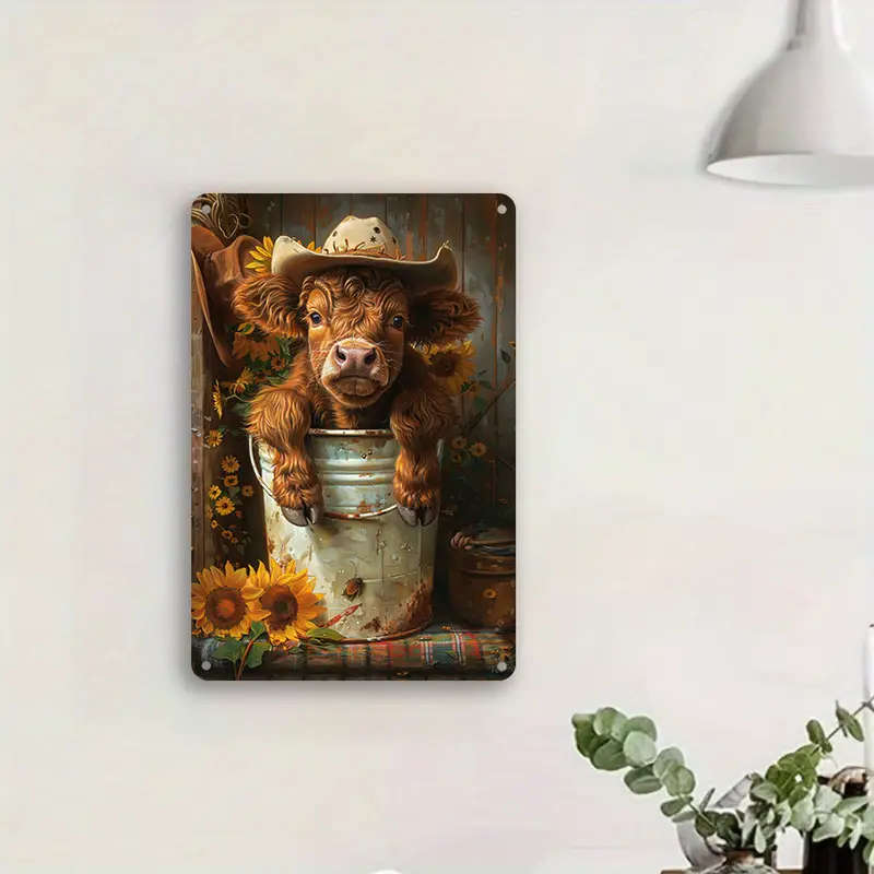 1pc Charming Highland Cow Sunflower Tin Sign 20.32x30.48cm Vintage Metal Wall Art for Home Bar or Ga