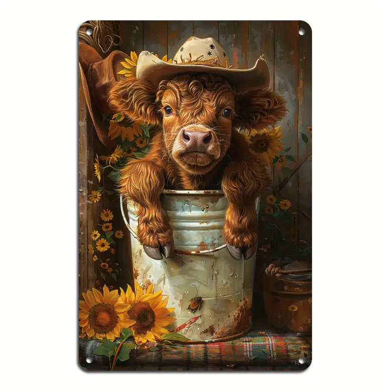 1pc Charming Highland Cow Sunflower Tin Sign 20.32x30.48cm Vintage Metal Wall Art for Home Bar or Ga