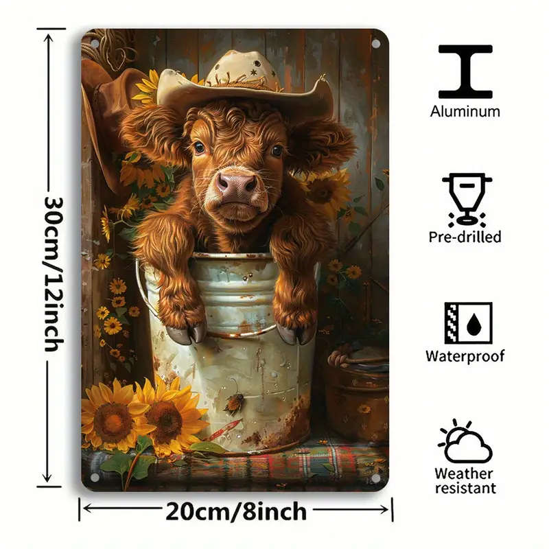 1pc Charming Highland Cow Sunflower Tin Sign 20.32x30.48cm Vintage Metal Wall Art for Home Bar or Ga