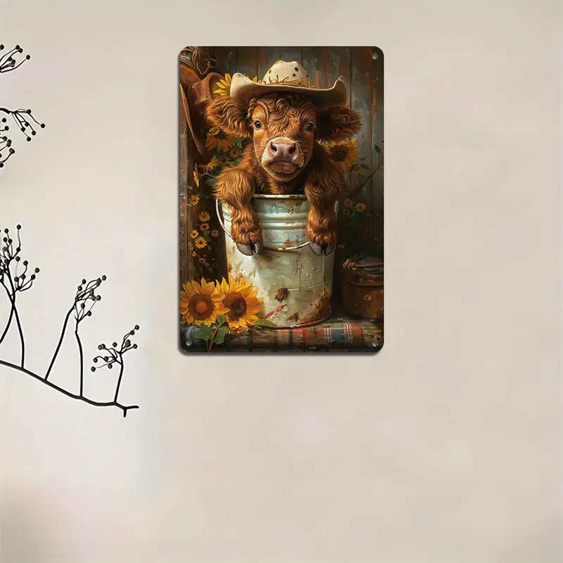 1pc Charming Highland Cow Sunflower Tin Sign 20.32x30.48cm Vintage Metal Wall Art for Home Bar or Ga
