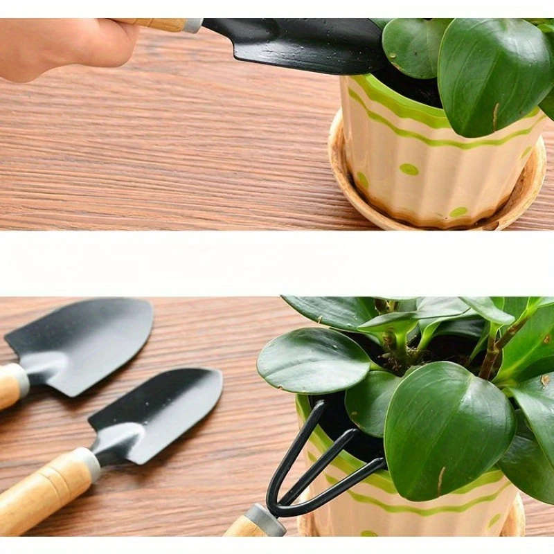 3pcs Succulent Gardening Tool Set Durable Metal Wood Hand Tools Miniature Spade Shovel Rake Ideal fo