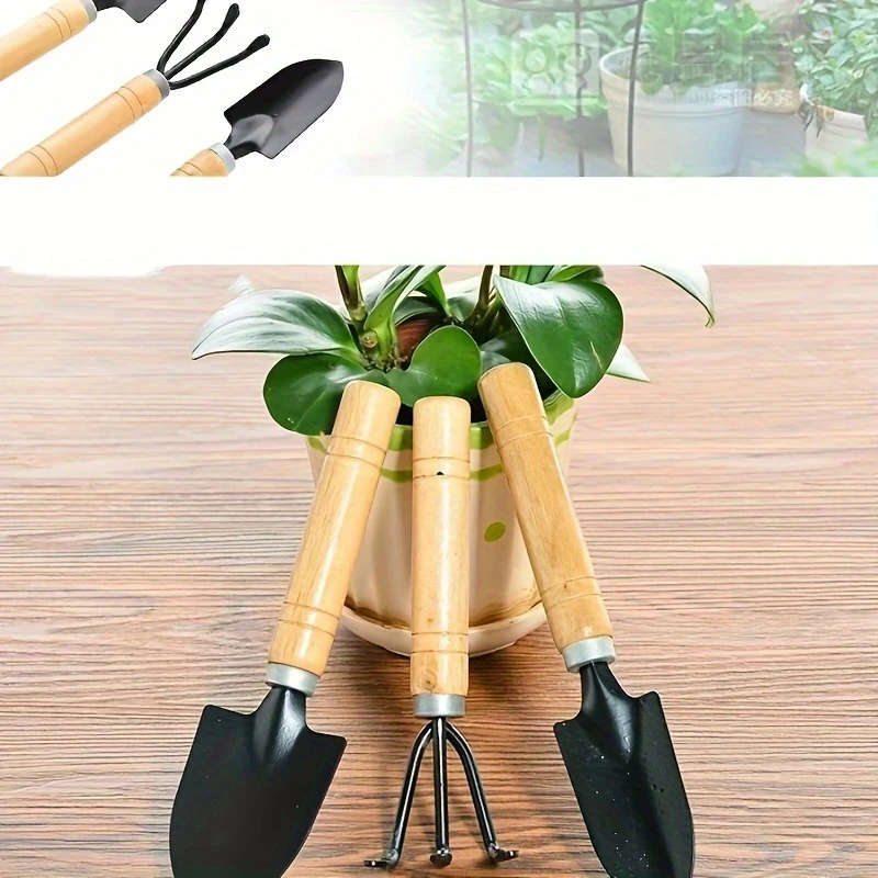 3pcs Succulent Gardening Tool Set Durable Metal Wood Hand Tools Miniature Spade Shovel Rake Ideal fo