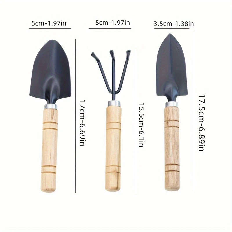 3pcs Succulent Gardening Tool Set Durable Metal Wood Hand Tools Miniature Spade Shovel Rake Ideal fo