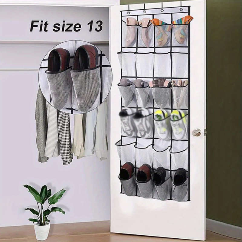 1pc 24Pocket Over-the-Door Shoe Organizer Durable Plastic Hanging Shoe Rack with Large Mesh Pockets