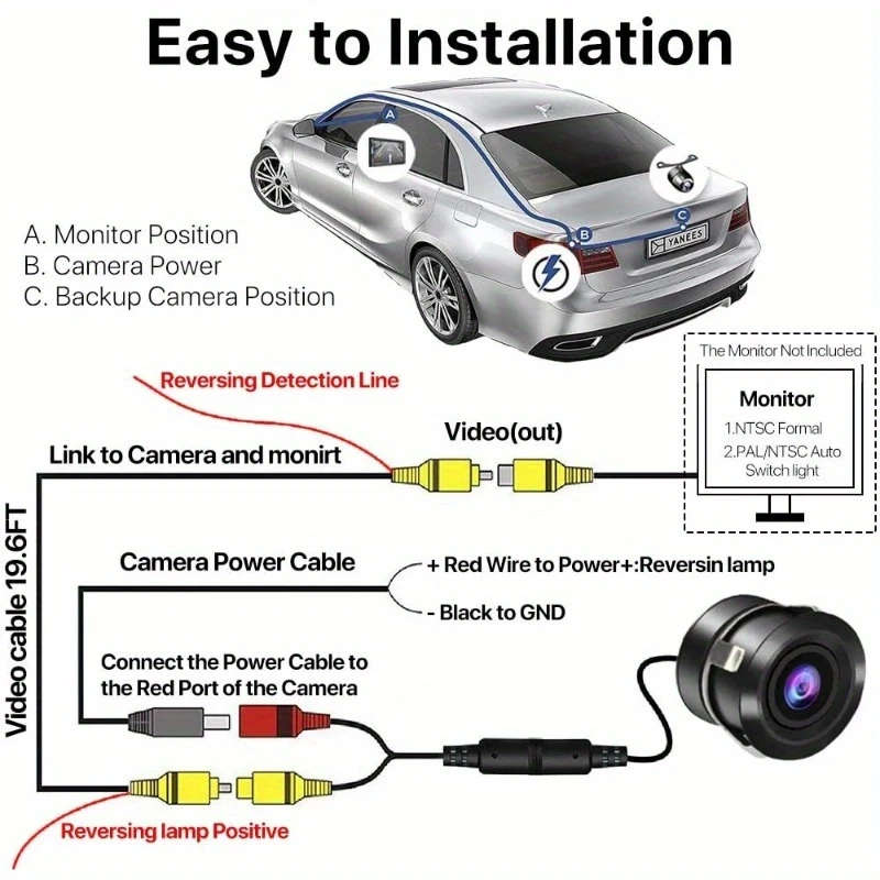 1pc HD Night Vision Wide Angle Punch Hole Backup Camera Auto RV Reversing Rear View Camera for Parki