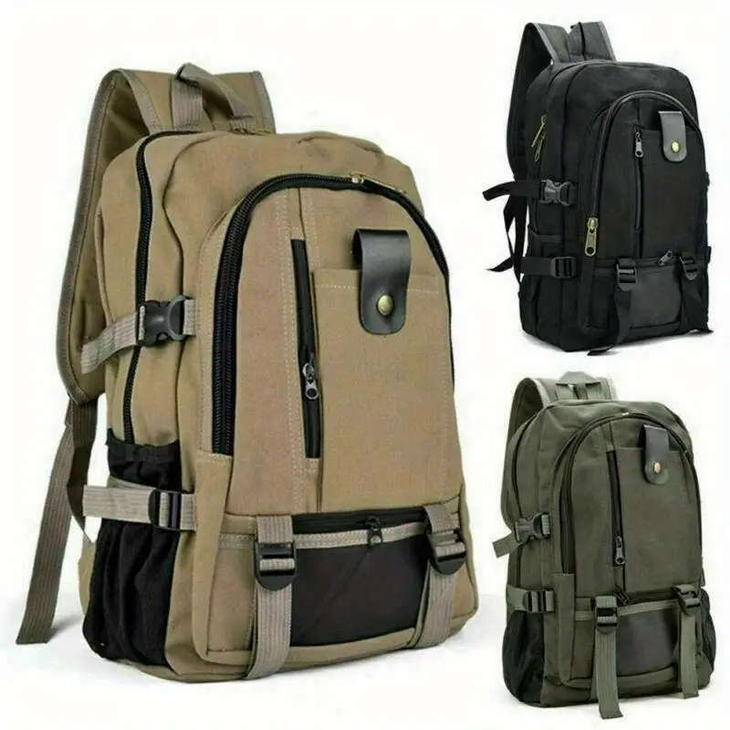 1pc Sports Style Canvas Backpack Lightweight Adjustable Strap Zipper Closure Polyester Lined Hand Wa