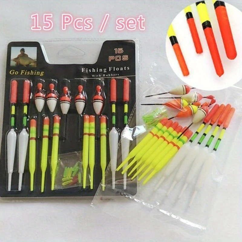 15pcs Assorted Sizes Vertical Fishing Floats Set TPR Plastic Long Tail Buoy for Sea Angling and Fish