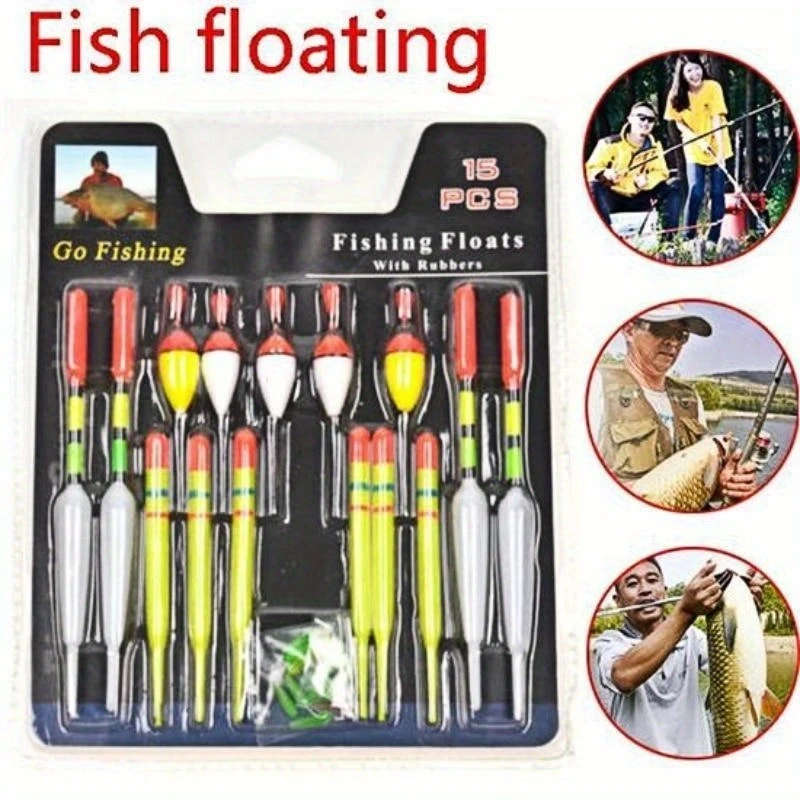 15pcs Assorted Sizes Vertical Fishing Floats Set TPR Plastic Long Tail Buoy for Sea Angling and Fish