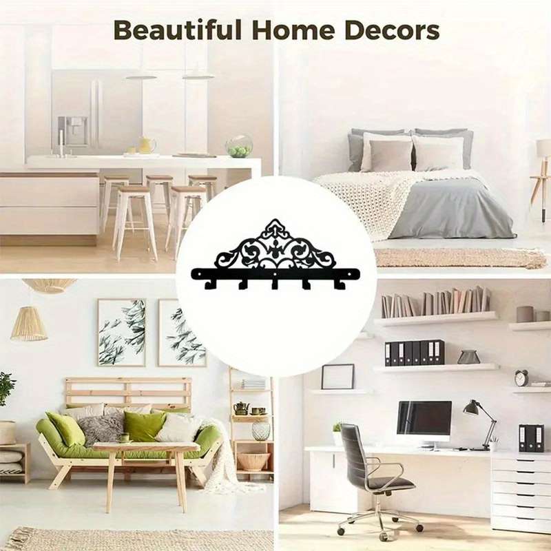 1pc Art Deco Style Metal Coat and Key Rack Decorative Wall Sculpture with 5 Hooks Household Wall-M