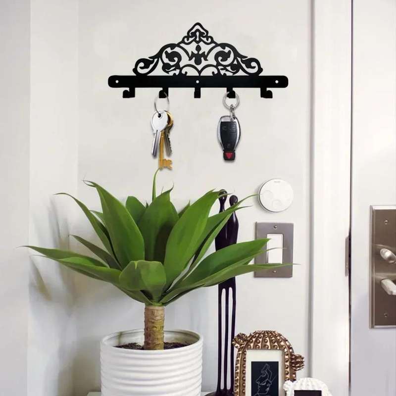 1pc Art Deco Style Metal Coat and Key Rack Decorative Wall Sculpture with 5 Hooks Household Wall-M