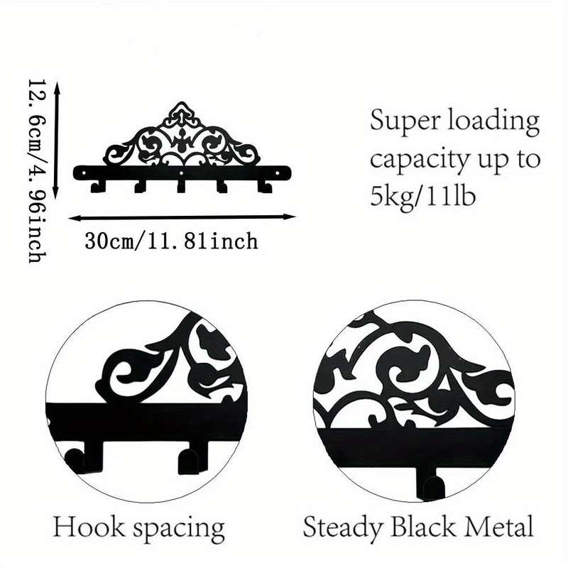 1pc Art Deco Style Metal Coat and Key Rack Decorative Wall Sculpture with 5 Hooks Household Wall-M