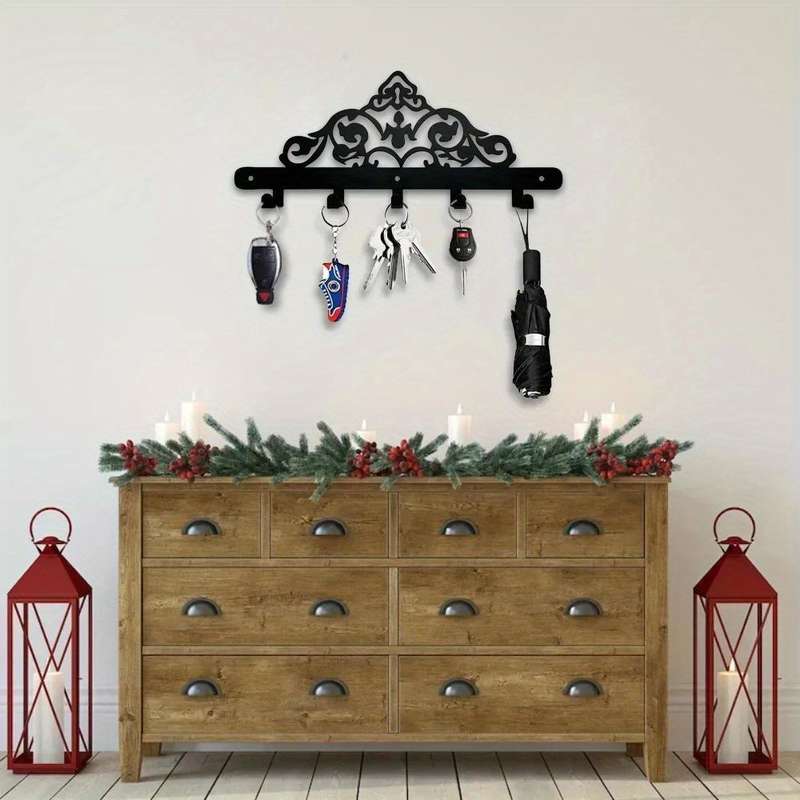 1pc Art Deco Style Metal Coat and Key Rack Decorative Wall Sculpture with 5 Hooks Household Wall-M