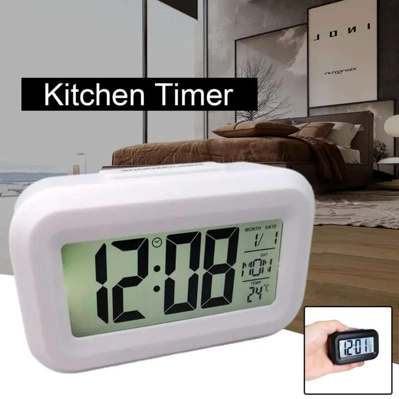 1pc Mini LCD Smart Alarm Clock With Night Light Music Alarm Snooze Perpetual Calendar Digital Therm