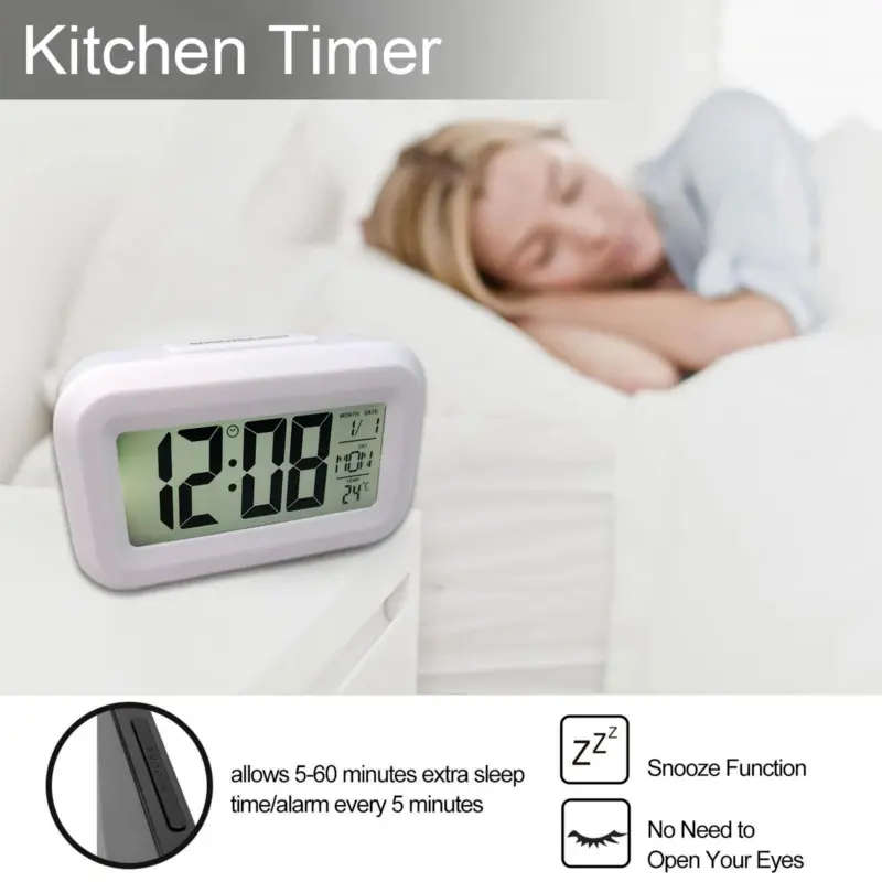 1pc Mini LCD Smart Alarm Clock With Night Light Music Alarm Snooze Perpetual Calendar Digital Therm
