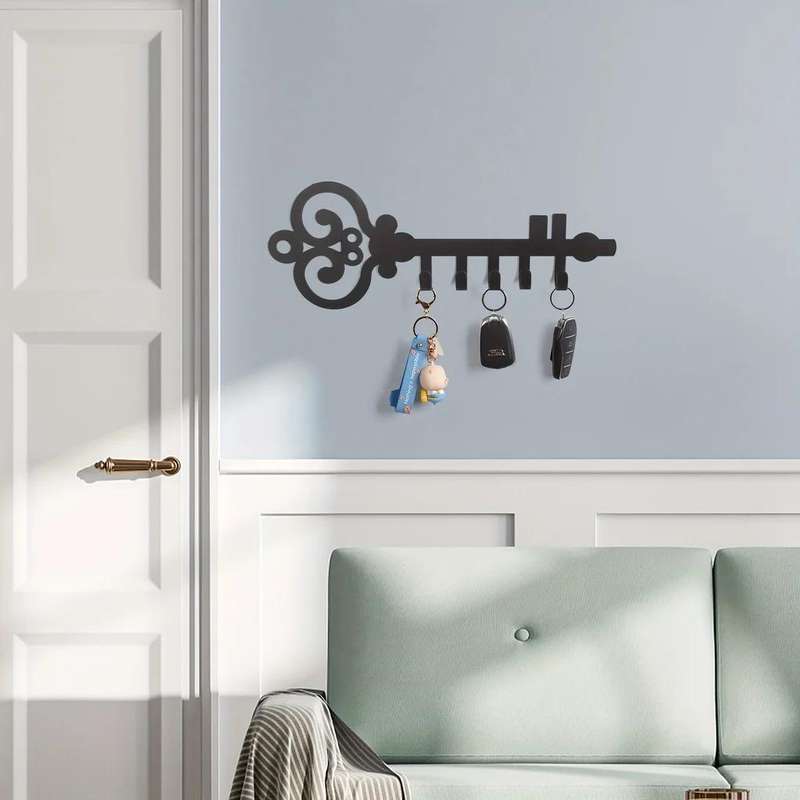 1pc Black Metal Wall-Mounted Key Holder Organizer with Decorative Swirl Design Easy Install Polis