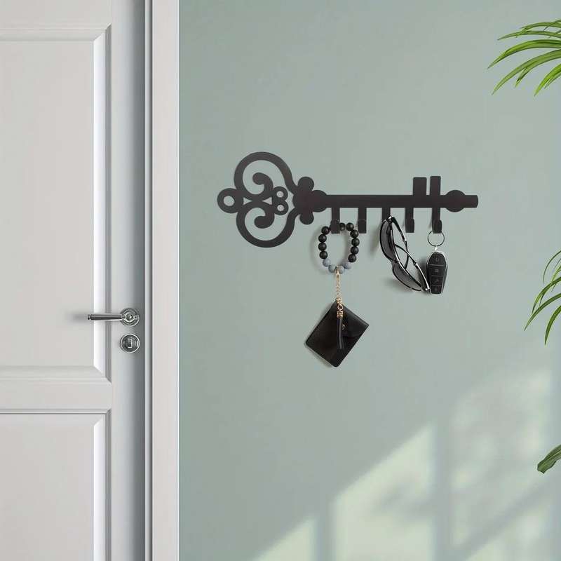 1pc Black Metal Wall-Mounted Key Holder Organizer with Decorative Swirl Design Easy Install Polis