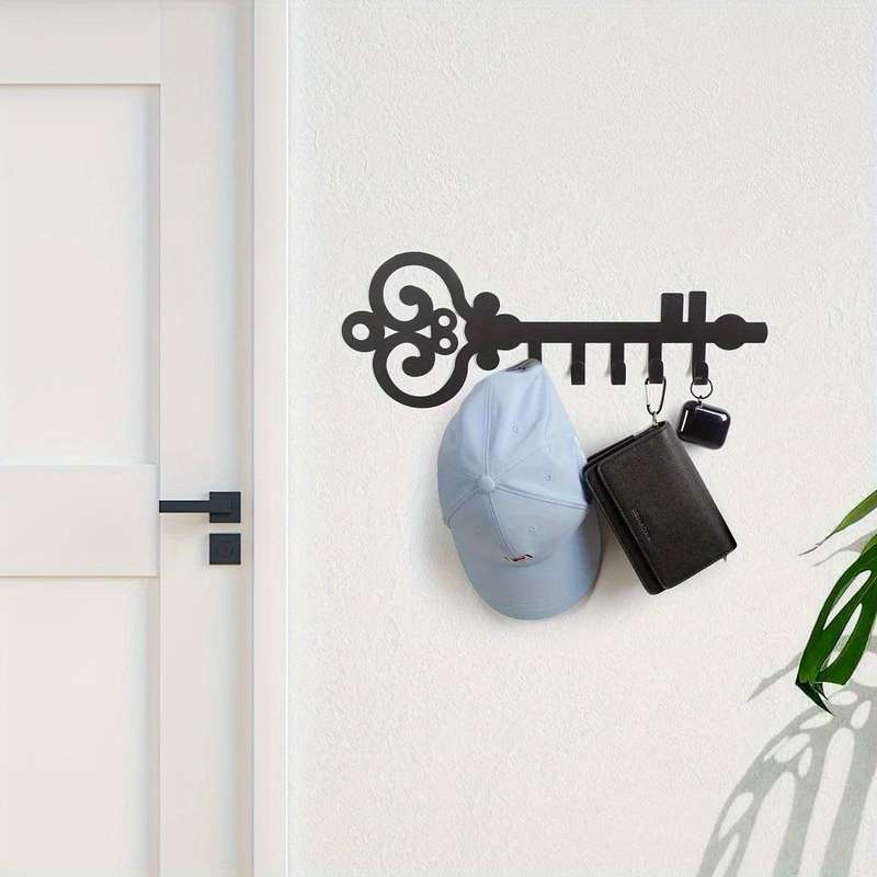 1pc Black Metal Wall-Mounted Key Holder Organizer with Decorative Swirl Design Easy Install Polis