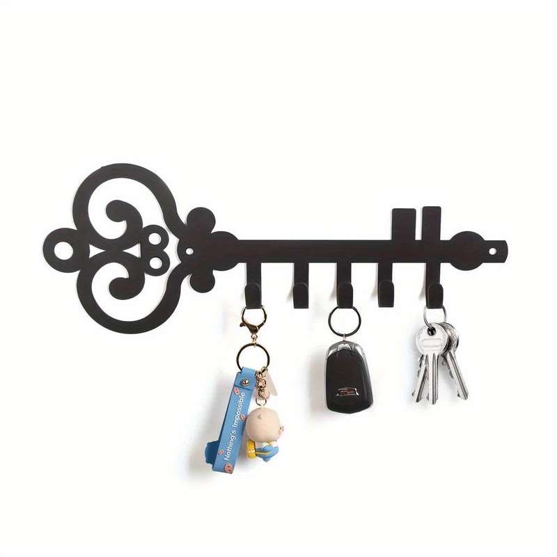 1pc Black Metal Wall-Mounted Key Holder Organizer with Decorative Swirl Design Easy Install Polis