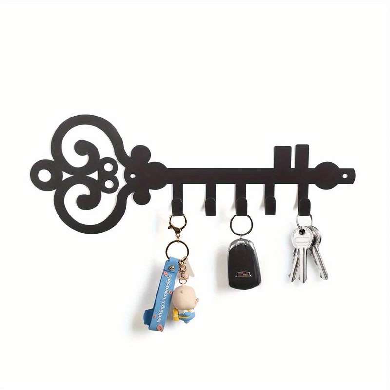 1pc Black Metal Wall-Mounted Key Holder Organizer with Decorative Swirl Design Easy Install Polis