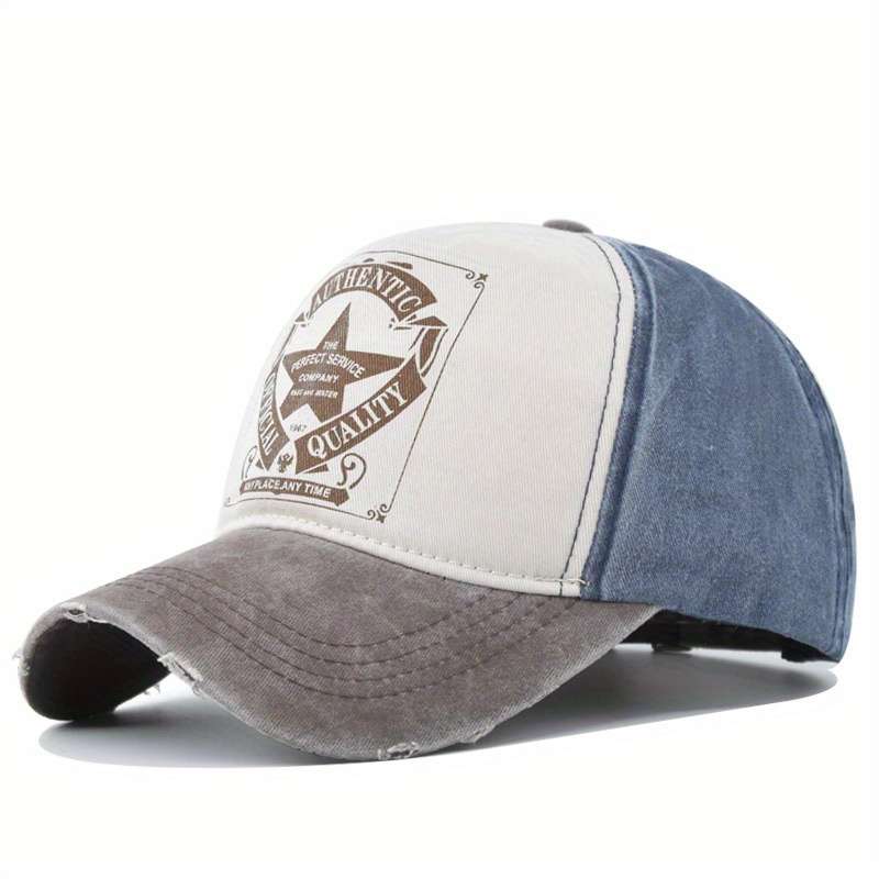 1pc Vintage Star Print Baseball Cap Washed Shabby Look Color Blocking Snapback Sun Hat for Men