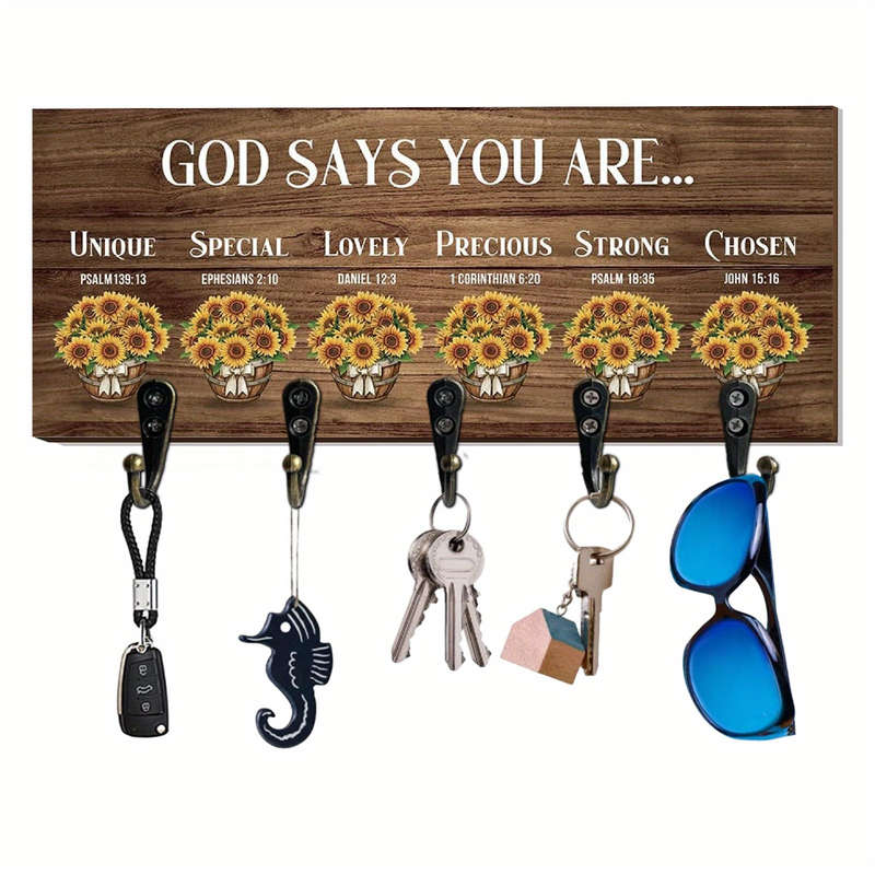 Rustic Sunflower  Bible Verse Wooden Key HooksDecorative Wall Hanging Organizer for Entryway Ki
