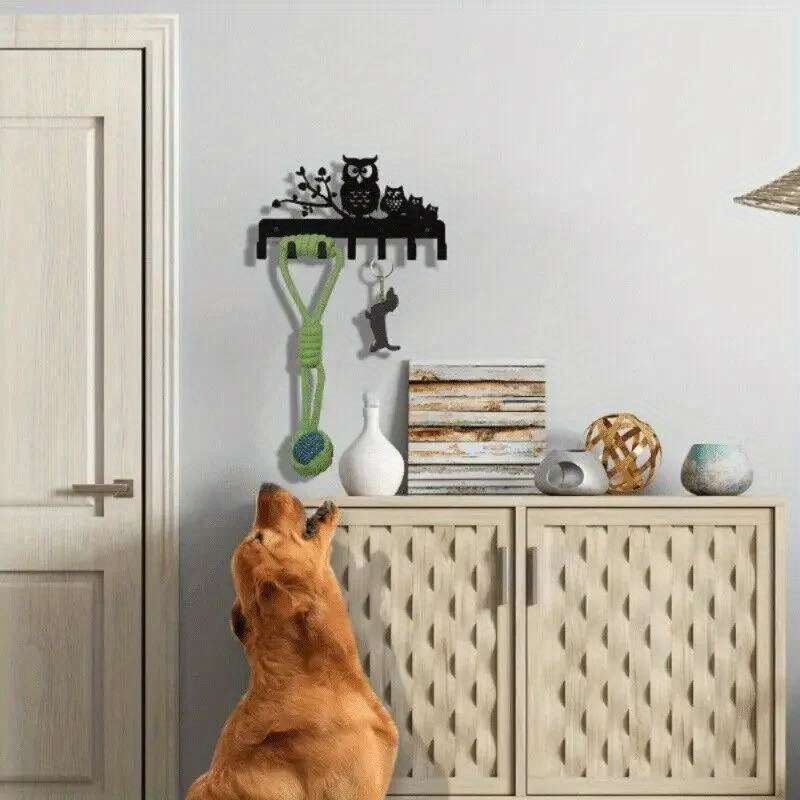 1pc Owl-Themed Metal Key HolderContemporary Black Wall-Mounted Rack with 5 Hooks for Easy Organiz