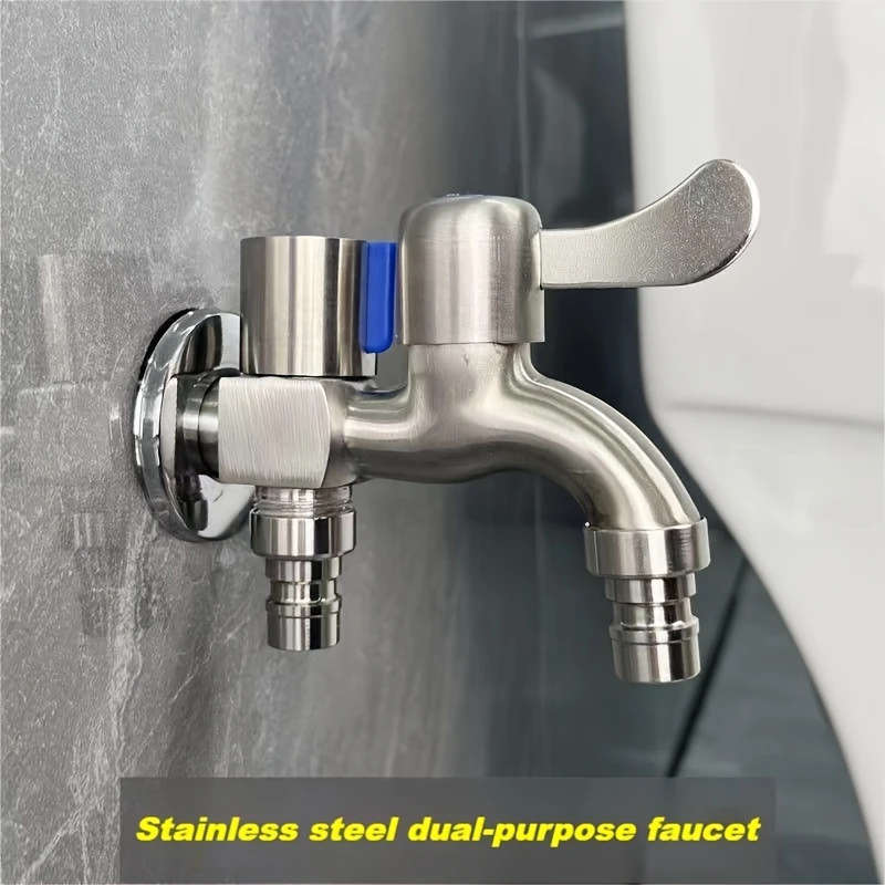 1pc Stainless Steel Dual-Use Faucet for Washing Machine Outdoor Use One in Two Out Water Flow