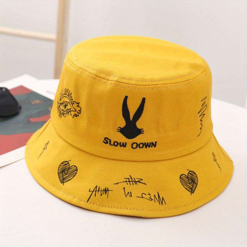 1pc Trendy Women's Cotton Bucket Hat with "SLOW DOWN" Embroidery Animal Design Lightweight Sun