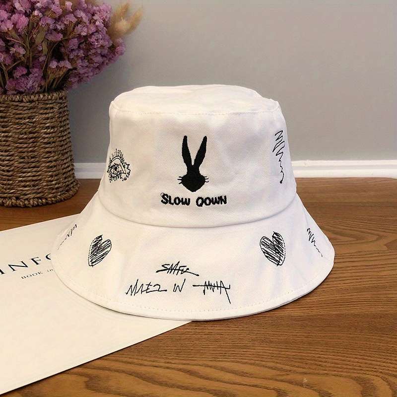 1pc Trendy Women's Cotton Bucket Hat with "SLOW DOWN" Embroidery Animal Design Lightweight Sun