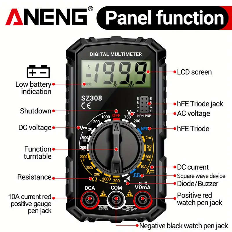 1pc SZ308 High-Precision Digital Multimeter Electrical Maintenance AC-DC Tester Multifunctional