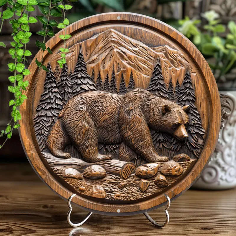 1pc Round Shaped Aluminum Sign Wall Art Vintage 2D Flat Print Metal Sign Brown Bear Wood Carving Pat