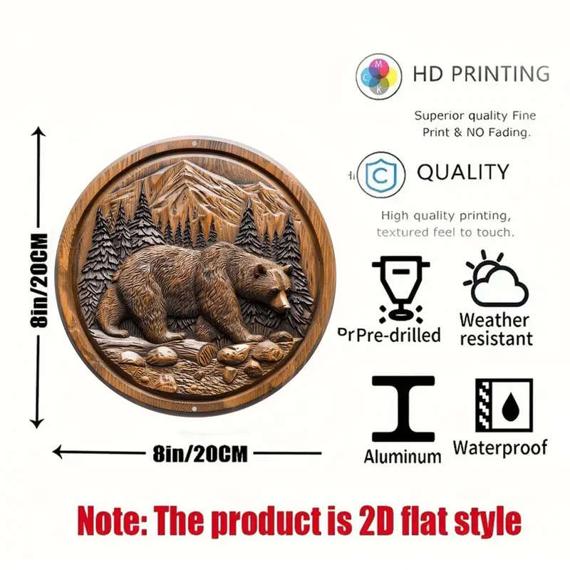 1pc Round Shaped Aluminum Sign Wall Art Vintage 2D Flat Print Metal Sign Brown Bear Wood Carving Pat