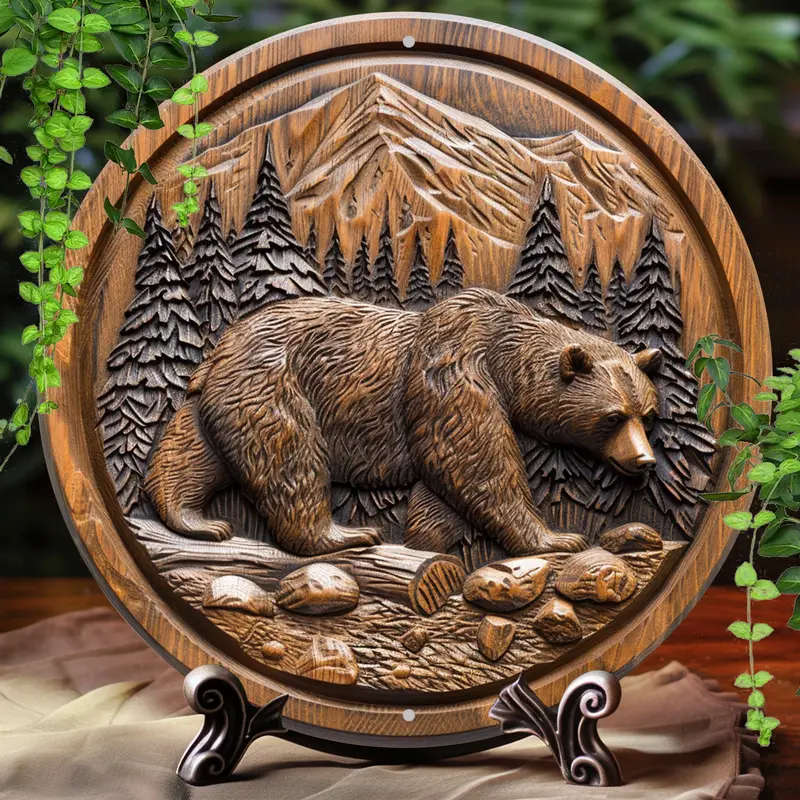 1pc Round Shaped Aluminum Sign Wall Art Vintage 2D Flat Print Metal Sign Brown Bear Wood Carving Pat