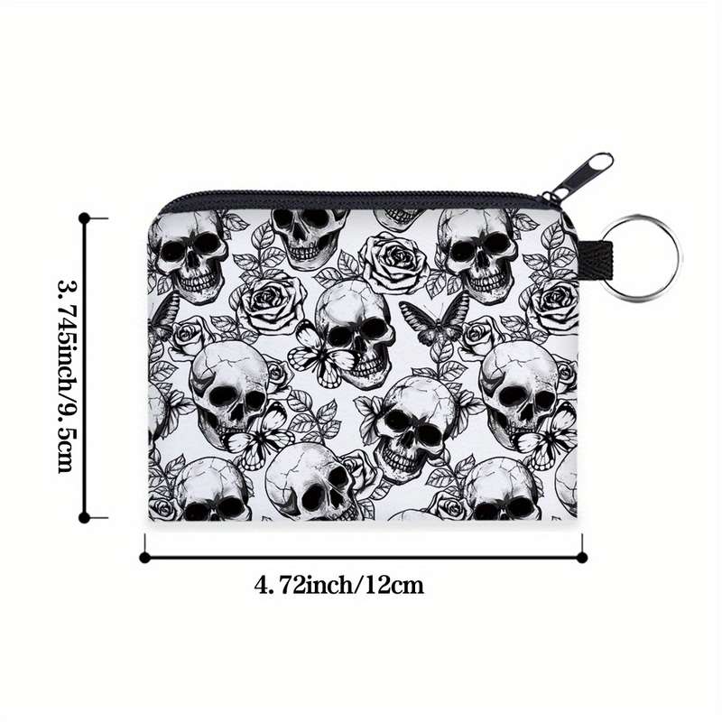 1pc Women'S Stylish Rose Skull Zipper Pouch Durable Polyester Coin Purse with Intricate 3D Print