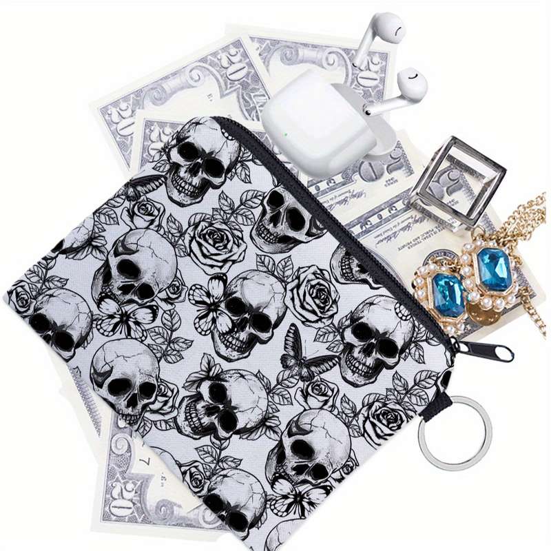 1pc Women'S Stylish Rose Skull Zipper Pouch Durable Polyester Coin Purse with Intricate 3D Print