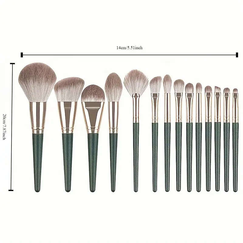 14Piece Professional Makeup Brush Set with Green ABS Handles and Nylon Brushes Suitable for Normal S