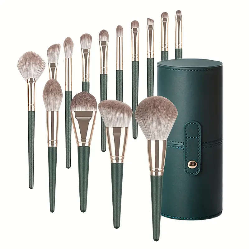 14Piece Professional Makeup Brush Set with Green ABS Handles and Nylon Brushes Suitable for Normal S