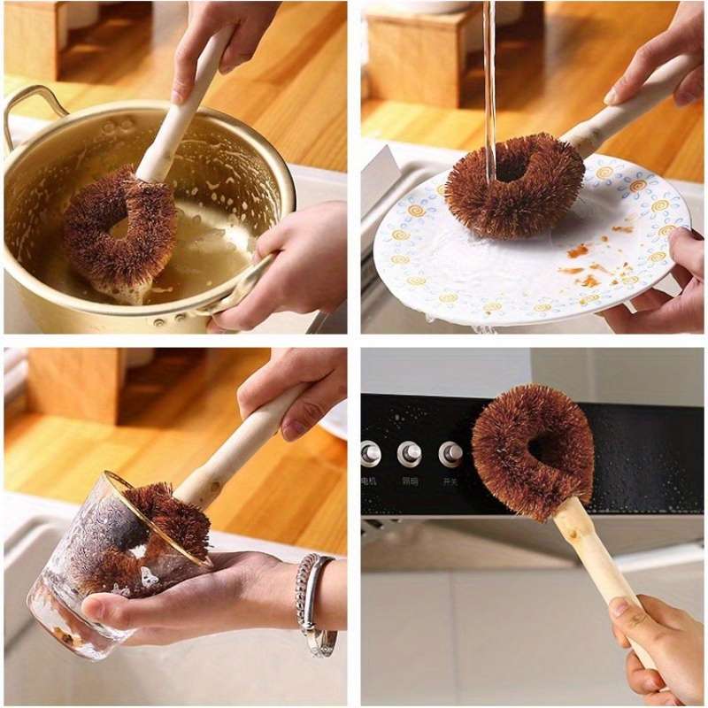 1pc Natural Bamboo Kitchen Brush with Plastic Handle for Pot and Dish Cleaning
