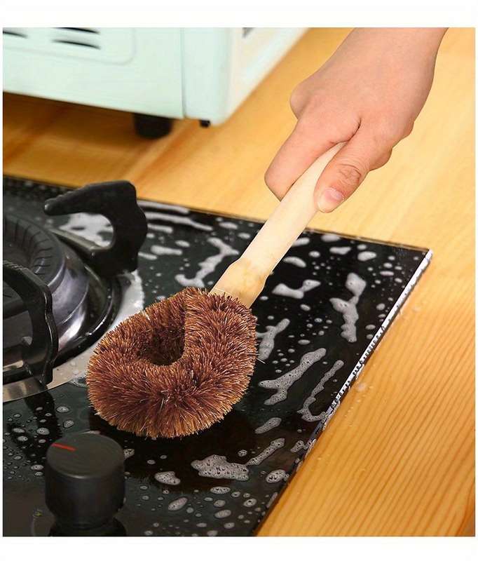 1pc Natural Bamboo Kitchen Brush with Plastic Handle for Pot and Dish Cleaning