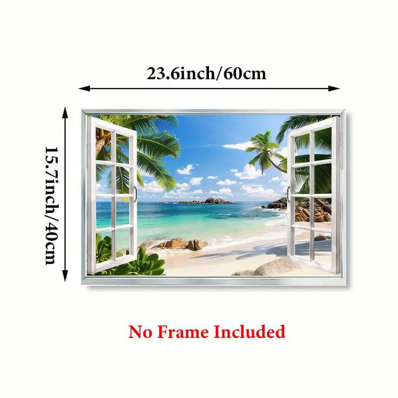 1pc Unframed Canvas Painting Beach View Window Scene Wall Art for Living Room Bedroom Hallway Tropic