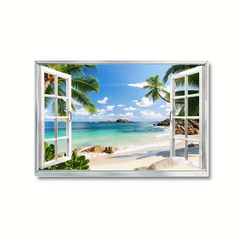1pc Unframed Canvas Painting Beach View Window Scene Wall Art for Living Room Bedroom Hallway Tropic