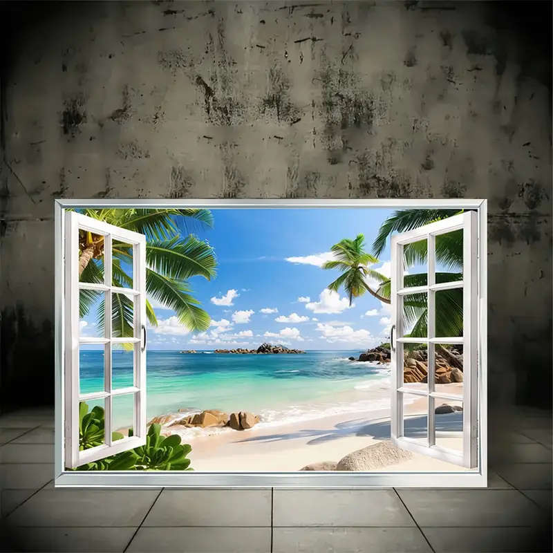 1pc Unframed Canvas Painting Beach View Window Scene Wall Art for Living Room Bedroom Hallway Tropic