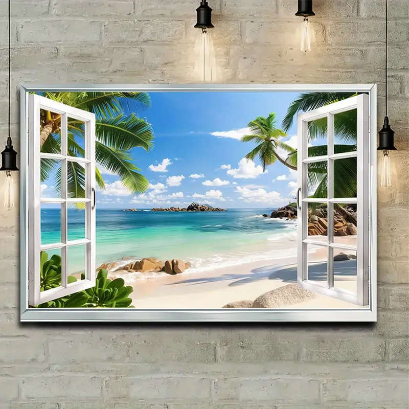 1pc Unframed Canvas Painting Beach View Window Scene Wall Art for Living Room Bedroom Hallway Tropic